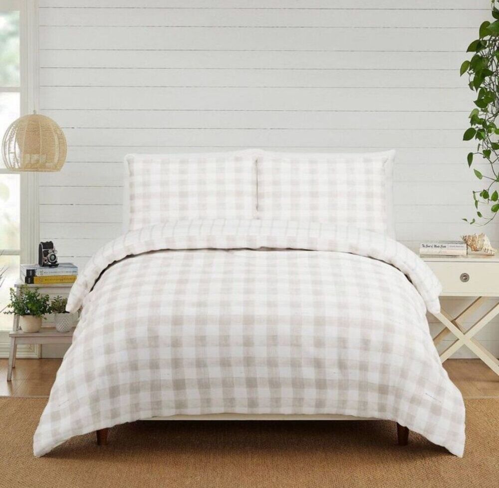 Modern Heirloom 3pc King Gingham Comforter SET – Tan – Brand New